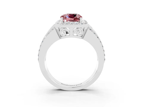 White gold Cushion Cut Halo Morganite Ring with Split Shank and Four-Prong Setting_3