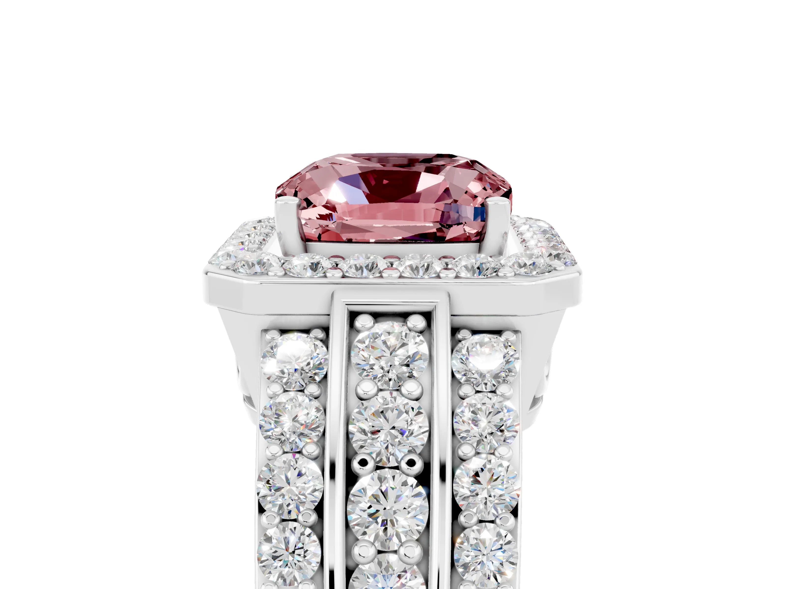 White gold Cushion Cut Halo Morganite Ring with Split Shank and Four-Prong Setting_5