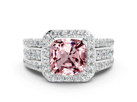 White gold Cushion Cut Halo Morganite Ring with Split Shank and Four-Prong Setting