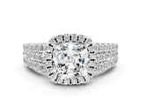 White gold Cushion Cut Halo Pavé Diamond Engagement Ring with Split Shank and Four-Prong Setting