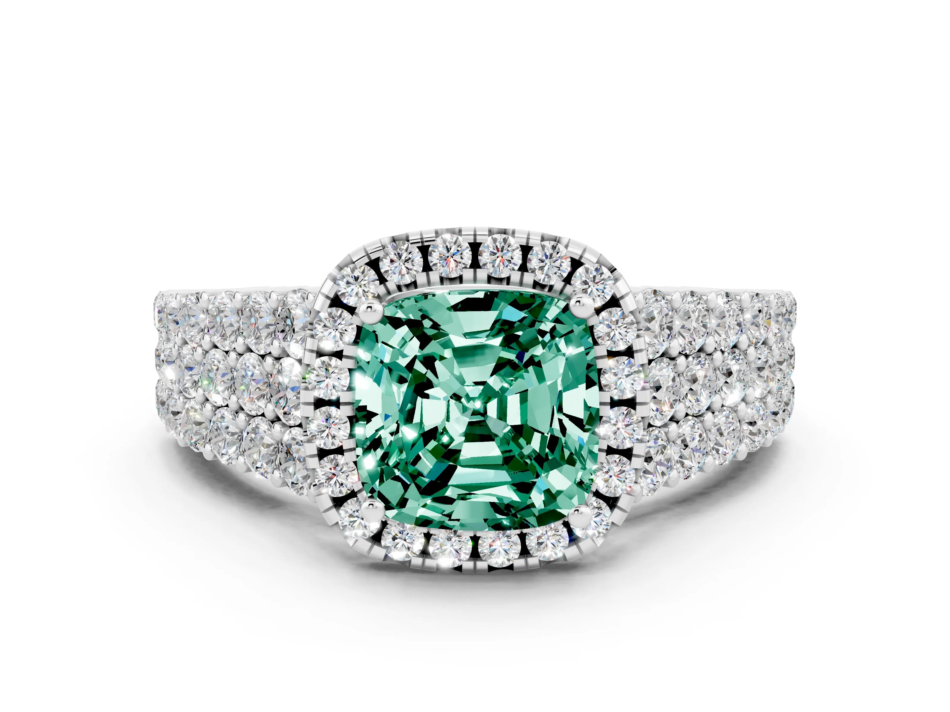 White gold Cushion Cut Halo Pavé Diamond Engagement Ring with Split Shank and Four-Prong Setting