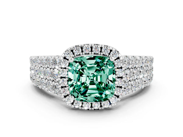 Platinum Cushion Cut Green Sapphire Halo Engagement Ring with Triple Row Round Pavé Band and Prong Setting