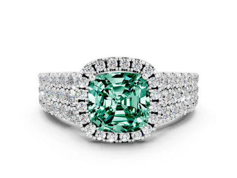 White gold Cushion Cut Halo Pavé Diamond Engagement Ring with Split Shank and Four-Prong Setting