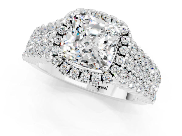 Platinum Cushion Cut Moissanite Halo Engagement Ring with Triple Row Round Pavé Band and Prong Setting