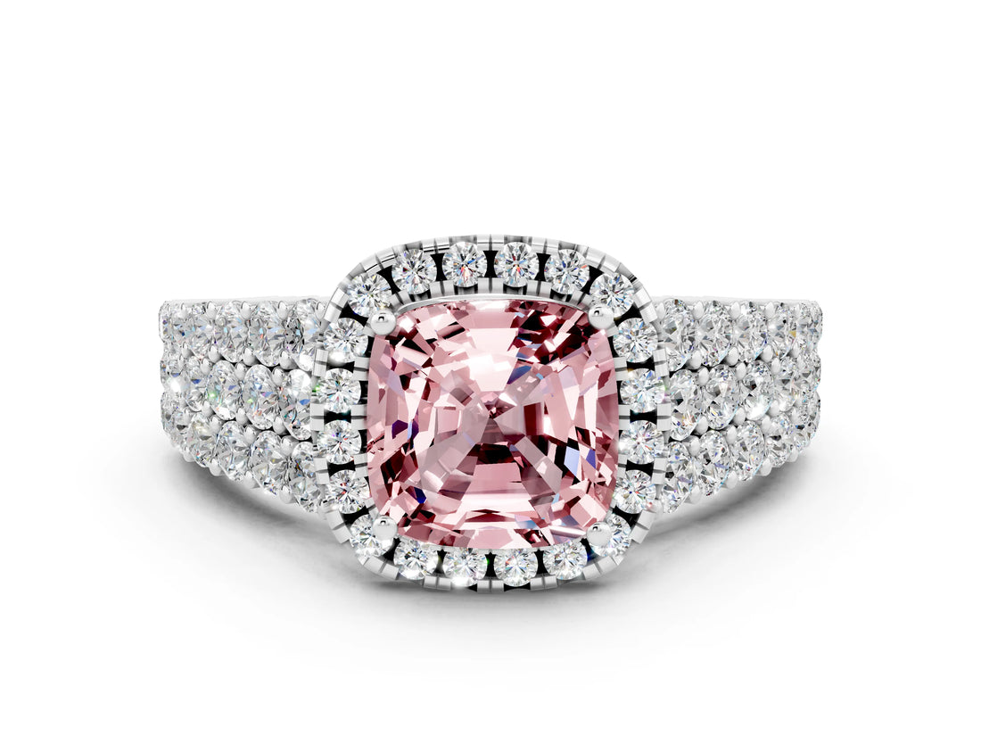 White gold Cushion Cut Halo Pavé Diamond Engagement Ring with Split Shank and Four-Prong Setting