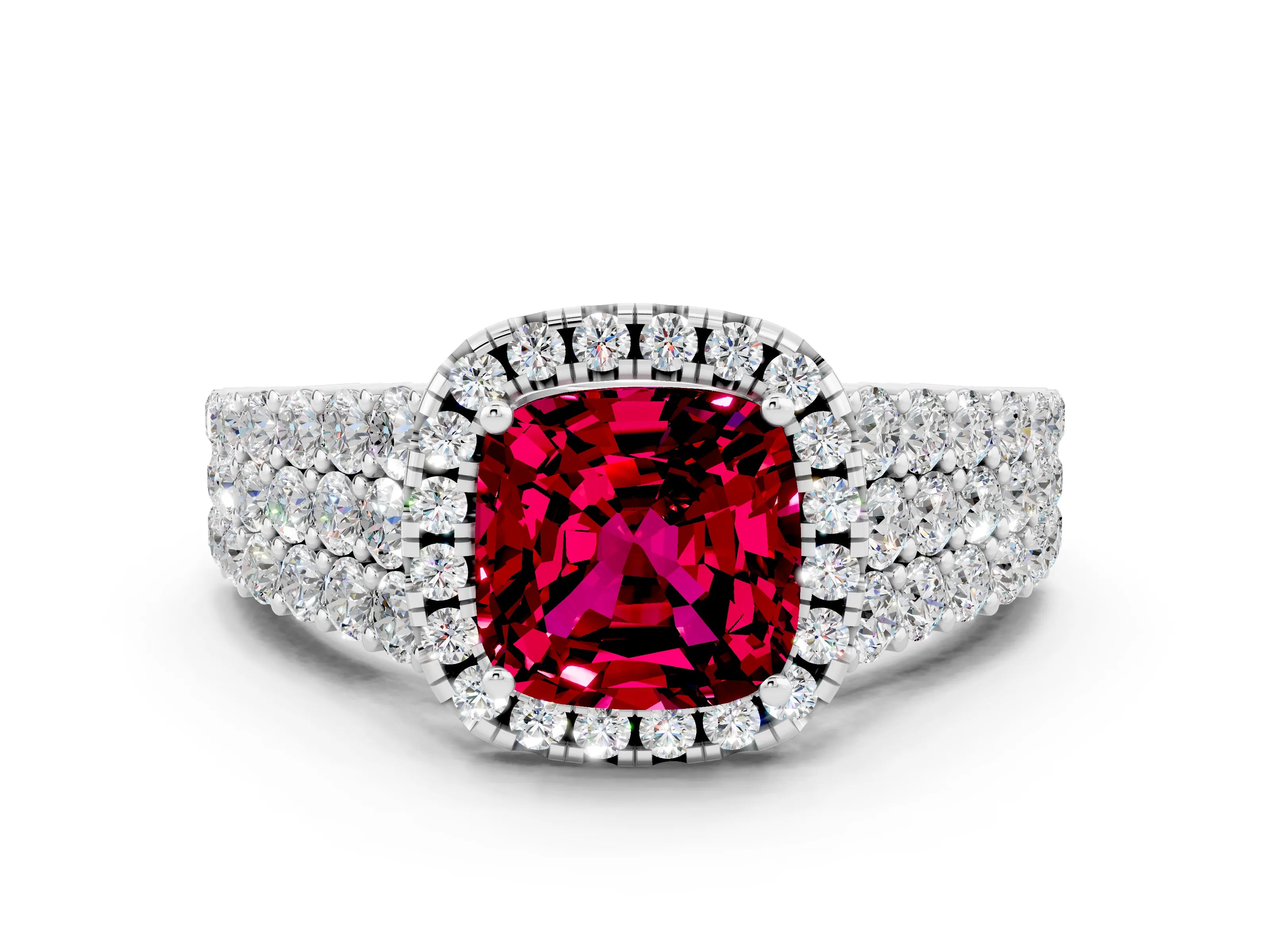 White gold Cushion Cut Halo Pavé Diamond Engagement Ring with Split Shank and Four-Prong Setting