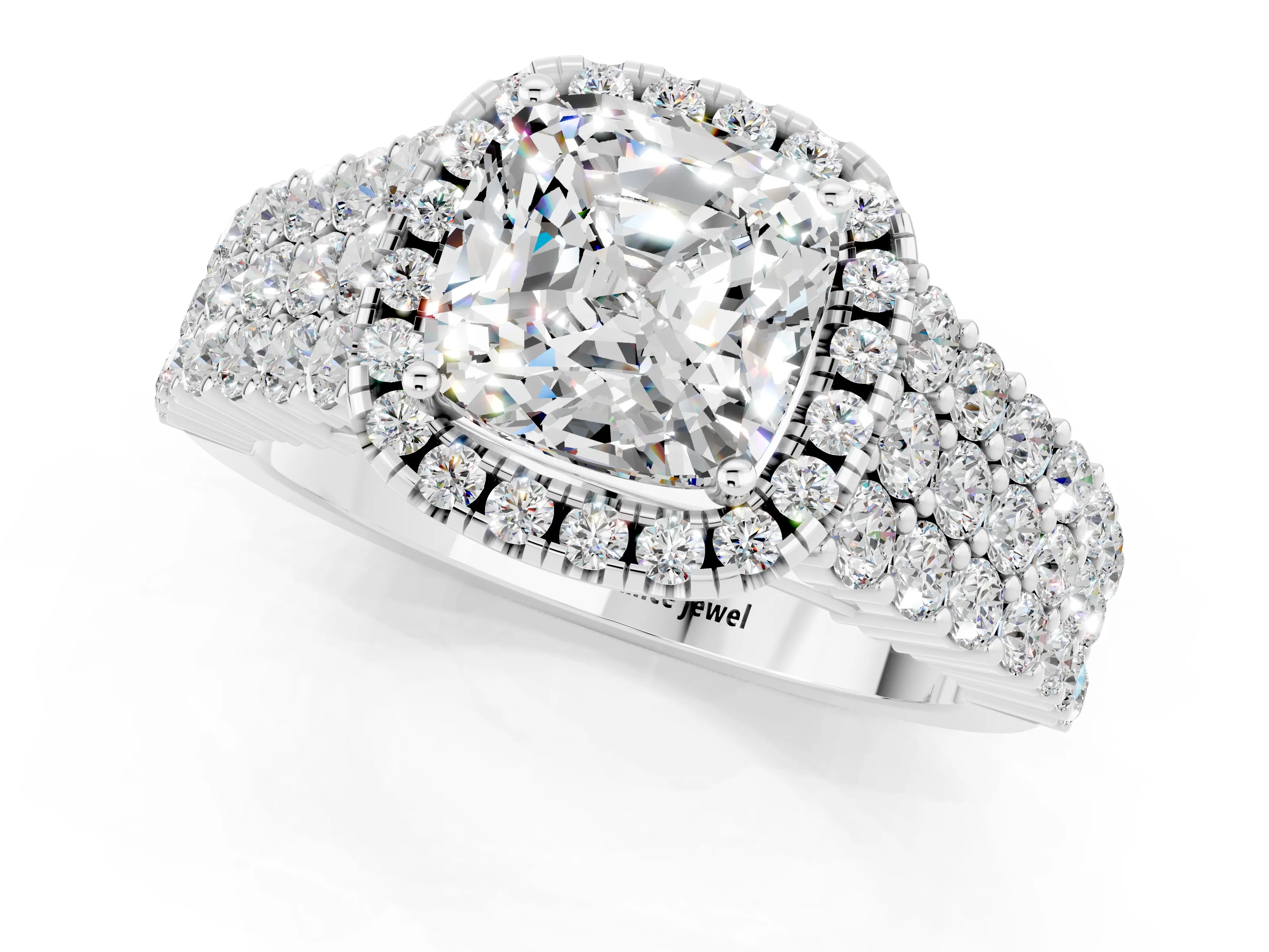 White gold Cushion Cut Halo Pavé Diamond Engagement Ring with Split Shank and Four-Prong Setting_1