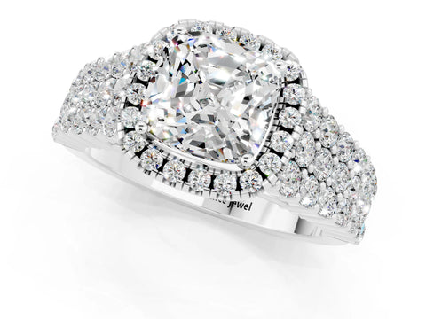 White gold Cushion Cut Halo Pavé Diamond Engagement Ring with Split Shank and Four-Prong Setting_1