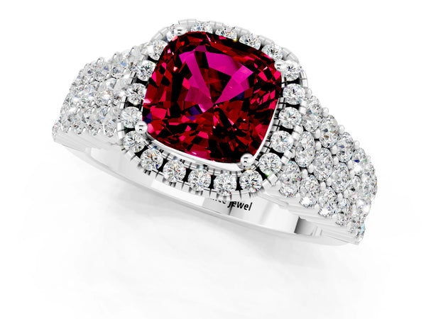White gold Cushion Cut Garnet Halo Engagement Ring with Triple Row Round Pavé Band and Prong Setting