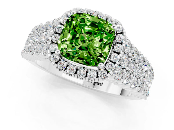 Platinum Cushion Cut Halo Pavé Diamond Engagement Ring with Split Shank and Four-Prong Setting