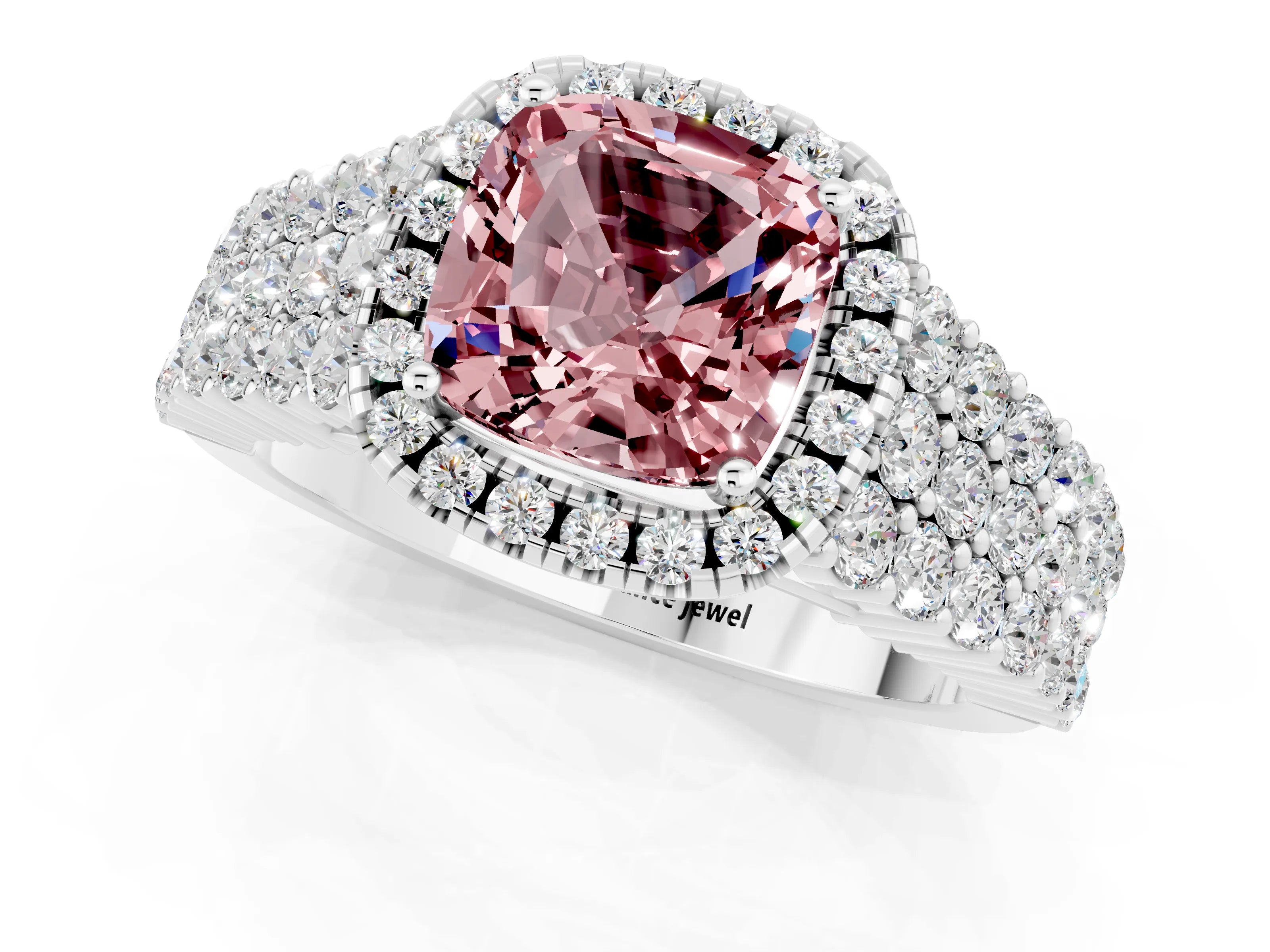 White gold Cushion Cut Halo Pavé Diamond Engagement Ring with Split Shank and Four-Prong Setting_1