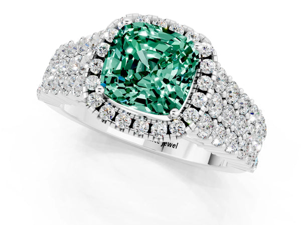 Silver Cushion Cut Green Sapphire Halo Engagement Ring with Triple Row Round Pavé Band and Prong Setting