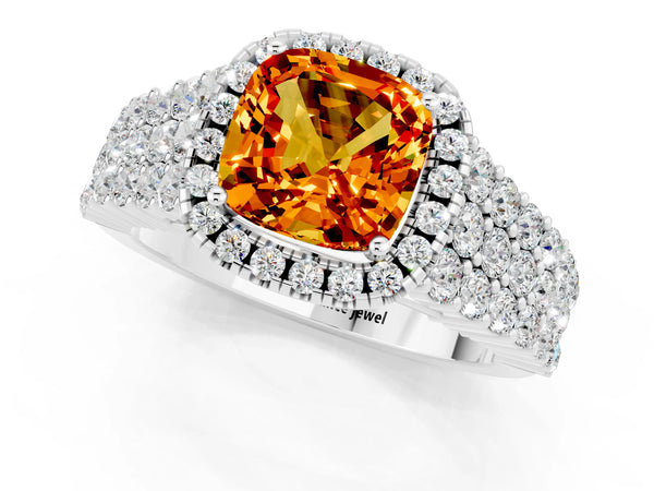 Platinum Cushion Cut Citrine Halo Engagement Ring with Triple Row Round Pavé Band and Prong Setting