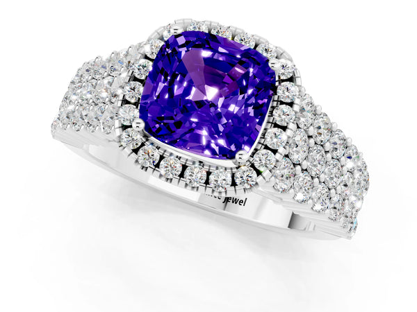 White gold Cushion Cut Tanzanite Halo Engagement Ring with Triple Row Round Pavé Band and Prong Setting