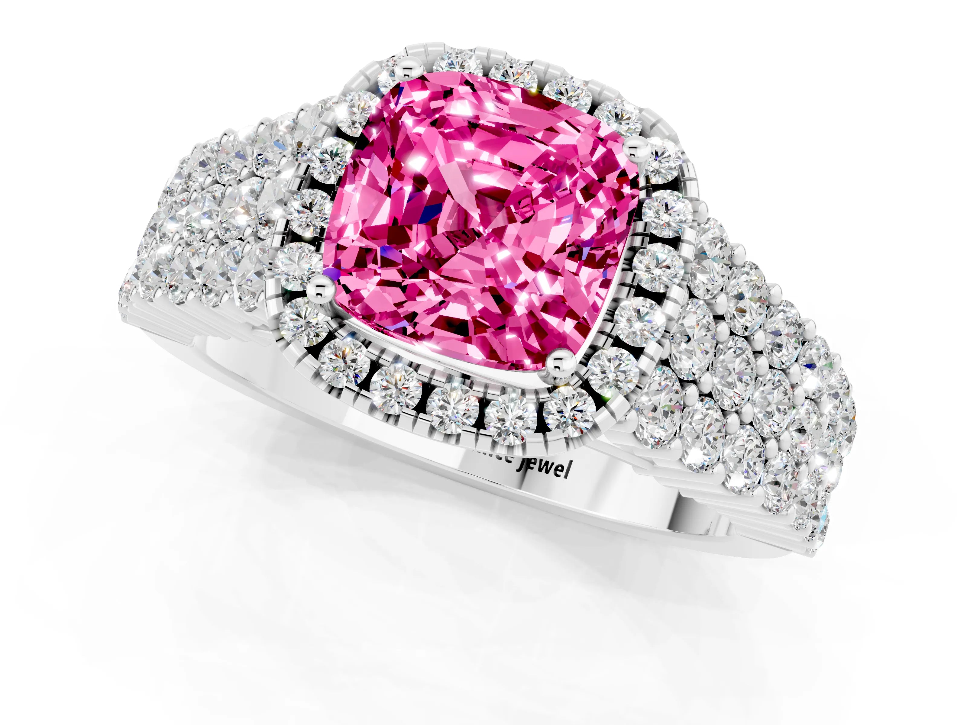 White gold Cushion Cut Halo Pavé Diamond Engagement Ring with Split Shank and Four-Prong Setting_1