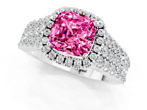 White gold Cushion Cut Halo Pavé Diamond Engagement Ring with Split Shank and Four-Prong Setting_1