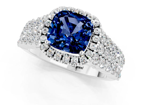 White gold Cushion Cut Blue Sapphire Halo Engagement Ring with Triple Row Round Pavé Band and Prong Setting