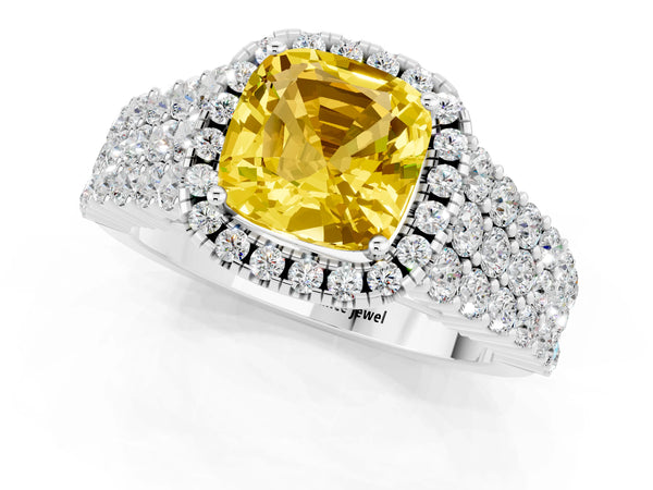 Silver Cushion Cut Yellow Sapphire Halo Engagement Ring with Triple Row Round Pavé Band and Prong Setting