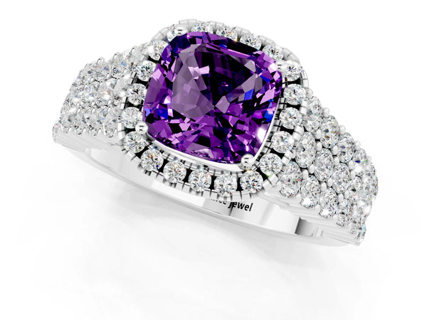 Platinum Cushion Cut Amethyst Halo Engagement Ring with Triple Row Round Pavé Band and Prong Setting