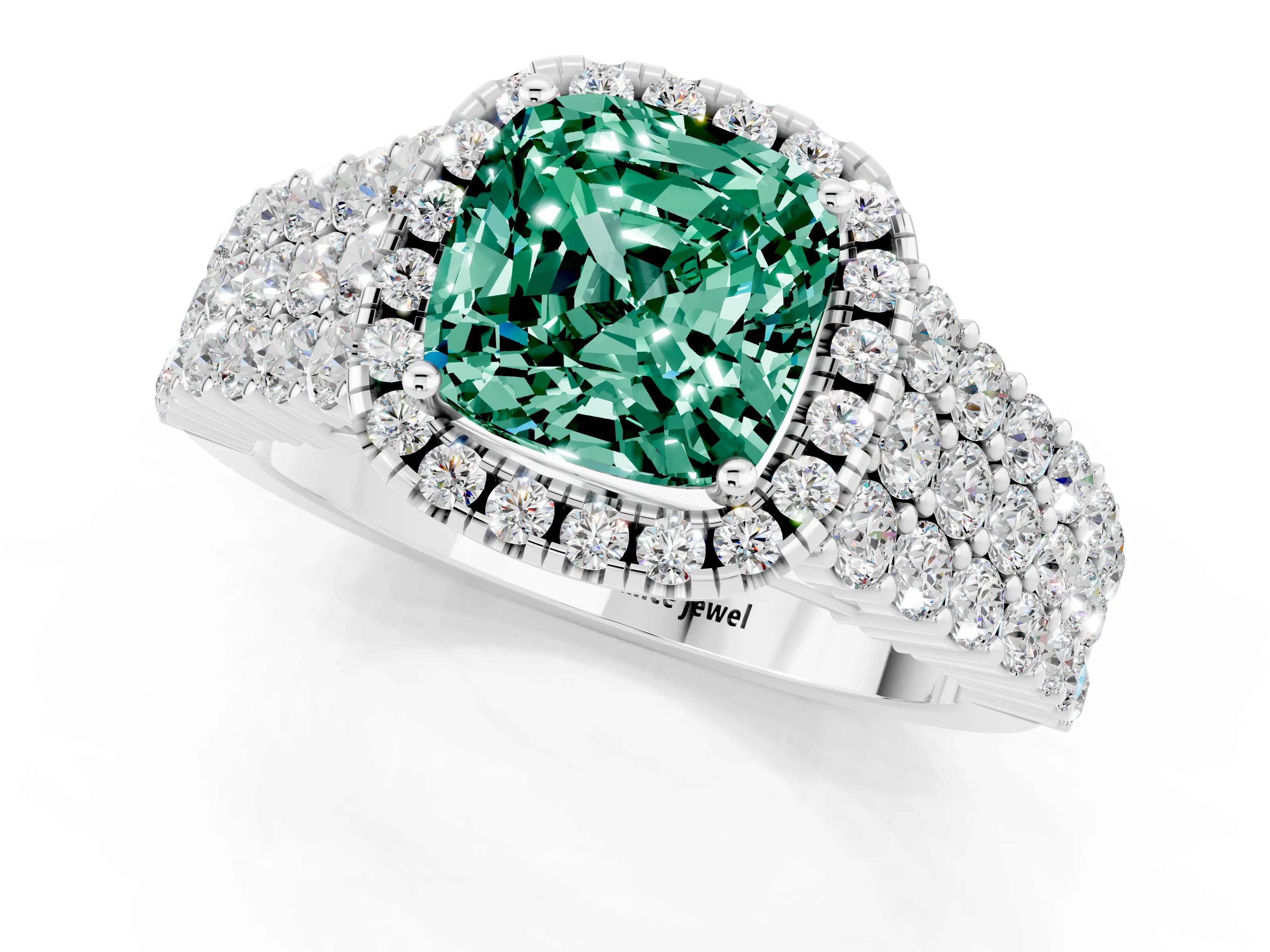 White gold Cushion Cut Halo Pavé Diamond Engagement Ring with Split Shank and Four-Prong Setting_1