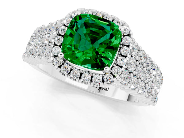 Silver Cushion Cut Emerald Halo Engagement Ring with Triple Row Round Pavé Band and Prong Setting