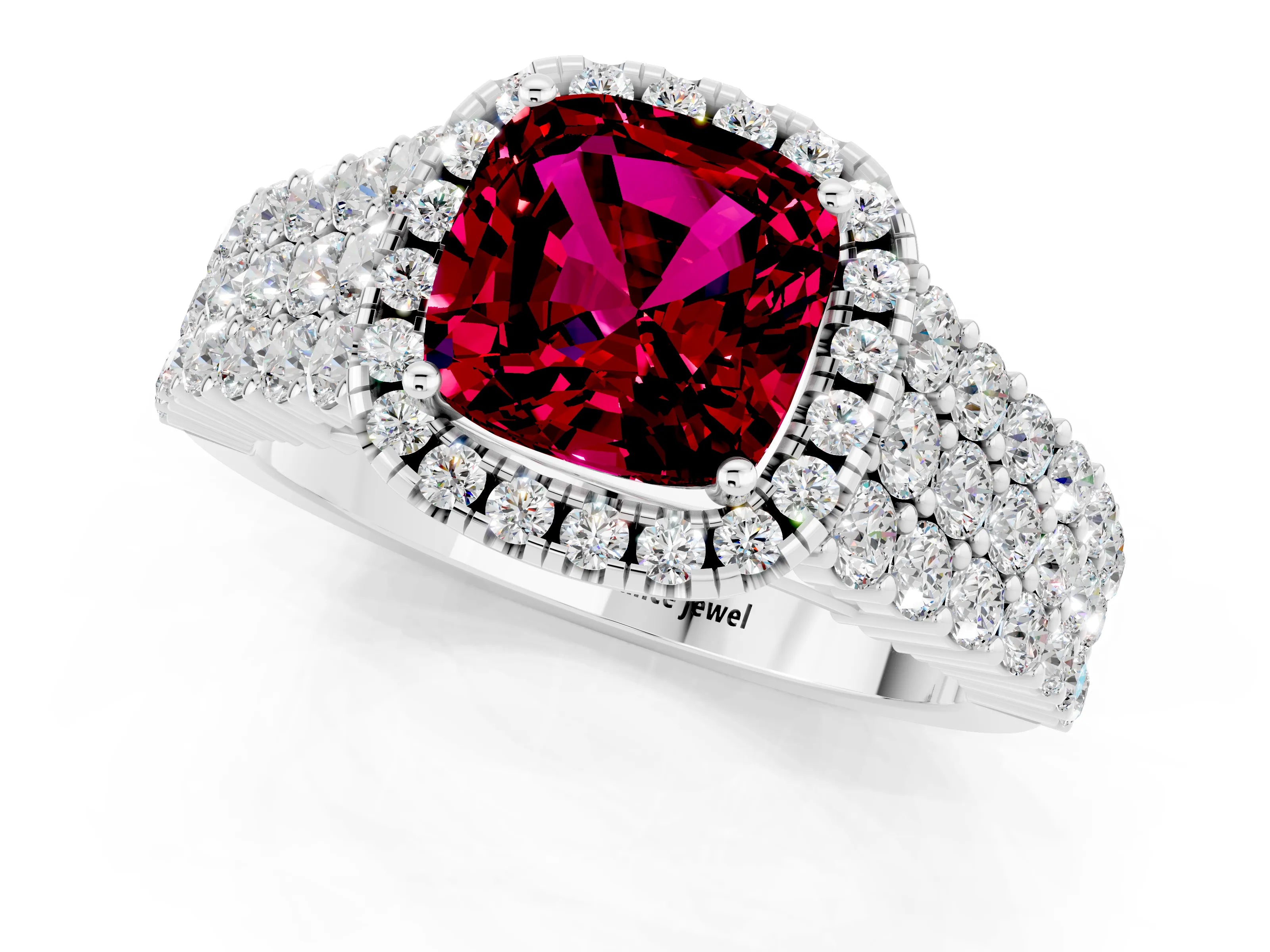 White gold Cushion Cut Halo Pavé Diamond Engagement Ring with Split Shank and Four-Prong Setting_1