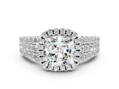 White gold Cushion Cut Halo Pavé Diamond Engagement Ring with Split Shank and Four-Prong Setting