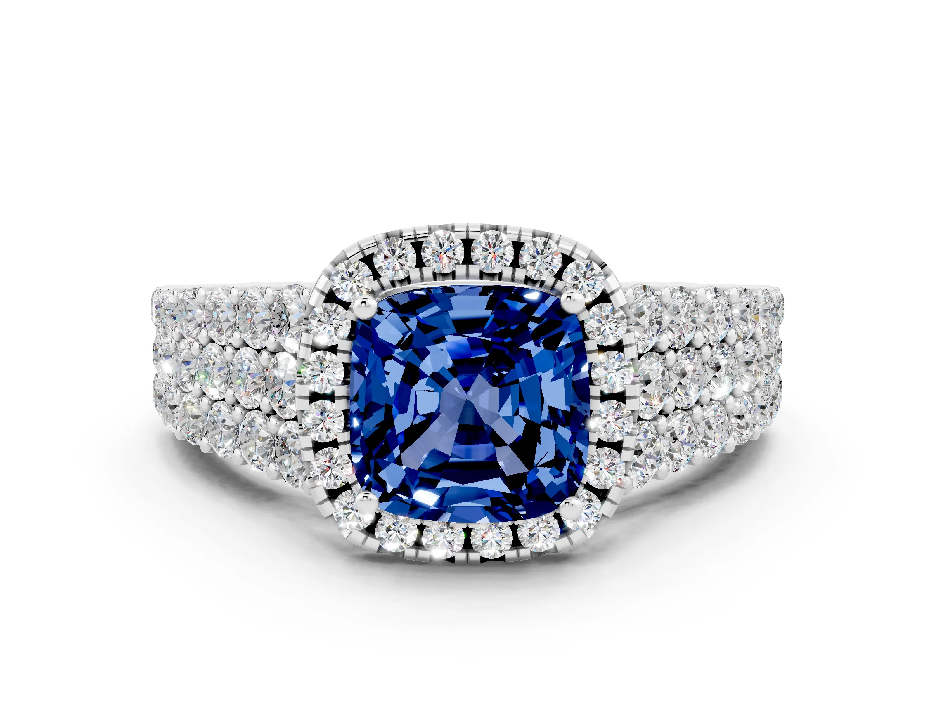 White gold Cushion Cut Halo Pavé Diamond Engagement Ring with Split Shank and Four-Prong Setting