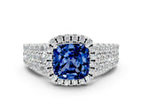White gold Cushion Cut Halo Pavé Diamond Engagement Ring with Split Shank and Four-Prong Setting