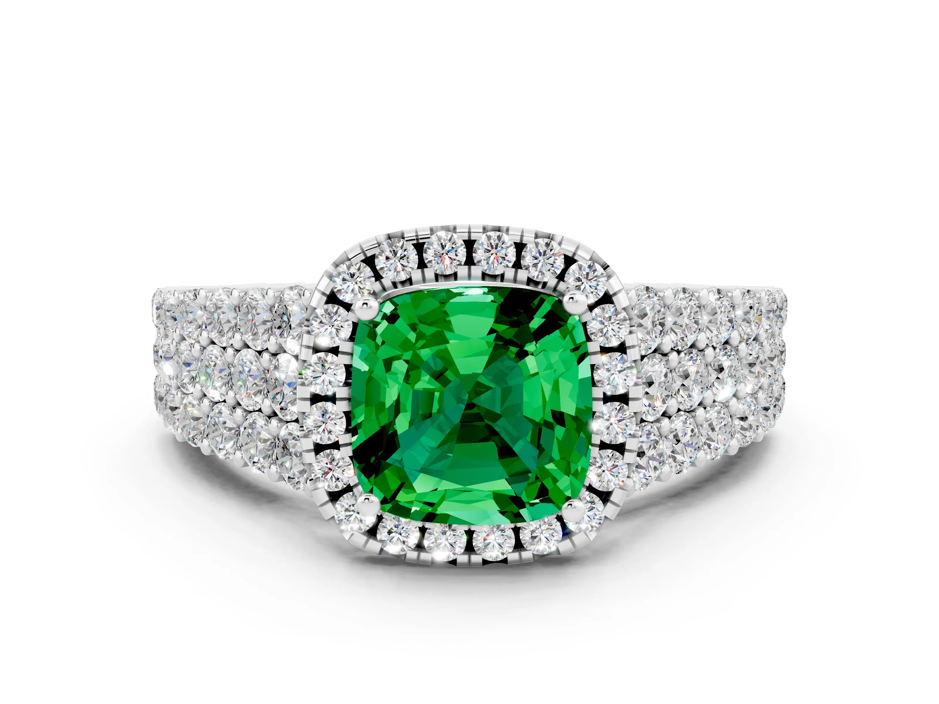 White gold Cushion Cut Halo Pavé Diamond Engagement Ring with Split Shank and Four-Prong Setting