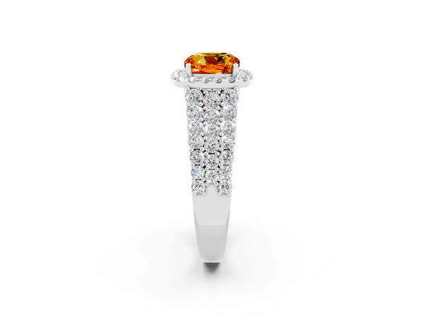 Platinum Cushion Cut Citrine Halo Engagement Ring with Triple Row Round Pavé Band and Prong Setting