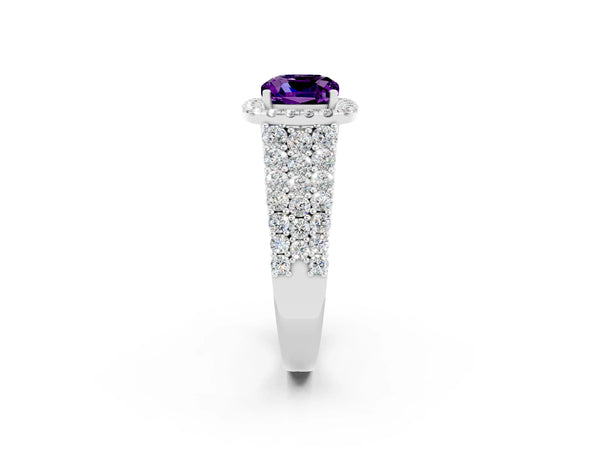 White gold Cushion Cut Amethyst Halo Engagement Ring with Triple Row Round Pavé Band and Prong Setting