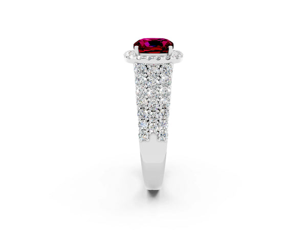 Silver Cushion Cut Garnet Halo Engagement Ring with Triple Row Round Pavé Band and Prong Setting