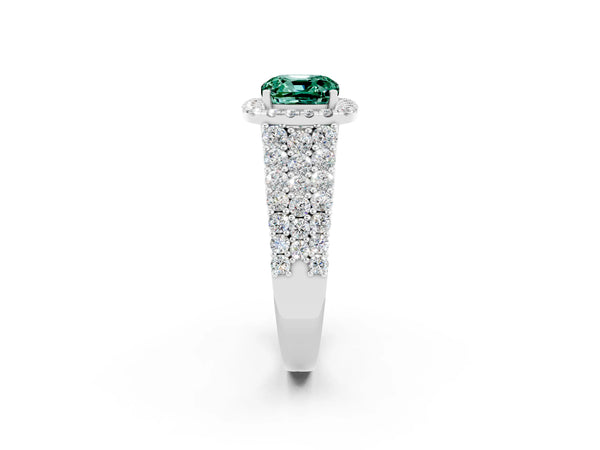 Silver Cushion Cut Green Sapphire Halo Engagement Ring with Triple Row Round Pavé Band and Prong Setting