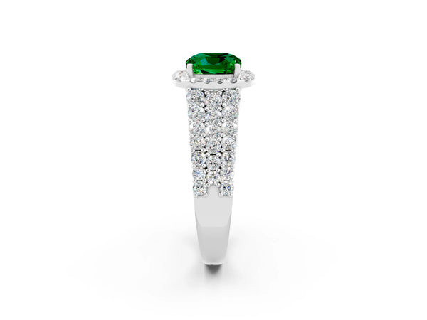 Platinum Cushion Cut Emerald Halo Engagement Ring with Triple Row Round Pavé Band and Prong Setting