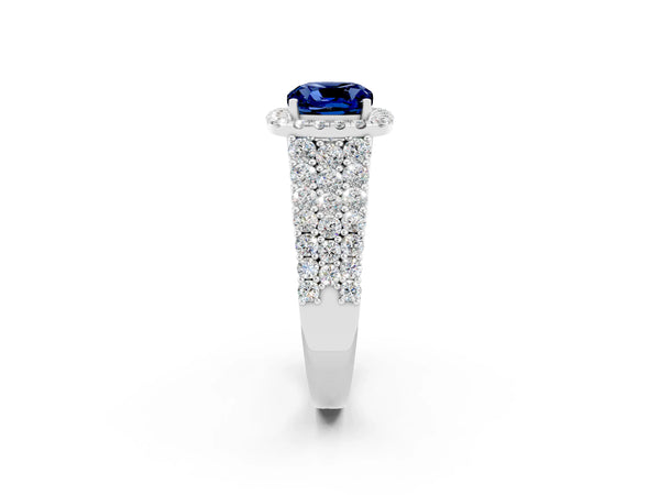 White gold Cushion Cut Blue Sapphire Halo Engagement Ring with Triple Row Round Pavé Band and Prong Setting