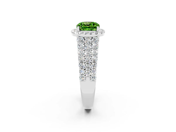 Platinum Cushion Cut Halo Pavé Diamond Engagement Ring with Split Shank and Four-Prong Setting