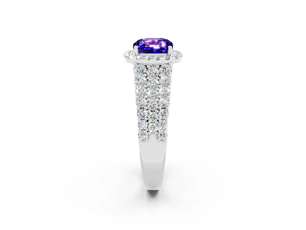 Platinum Cushion Cut Tanzanite Halo Engagement Ring with Triple Row Round Pavé Band and Prong Setting