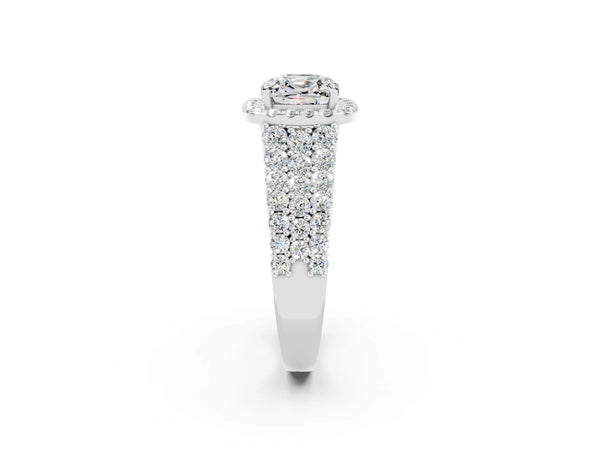 Silver Cushion Cut Moissanite Halo Engagement Ring with Triple Row Round Pavé Band and Prong Setting