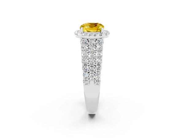 Silver Cushion Cut Yellow Sapphire Halo Engagement Ring with Triple Row Round Pavé Band and Prong Setting