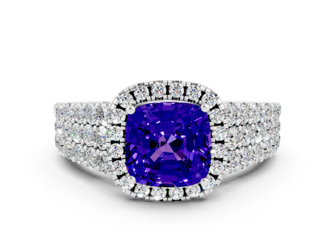 White gold Cushion Cut Halo Pavé Diamond Engagement Ring with Split Shank and Four-Prong Setting