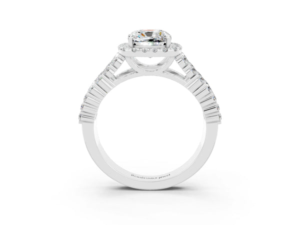 Platinum Cushion Cut Moissanite Halo Engagement Ring with Triple Row Round Pavé Band and Prong Setting