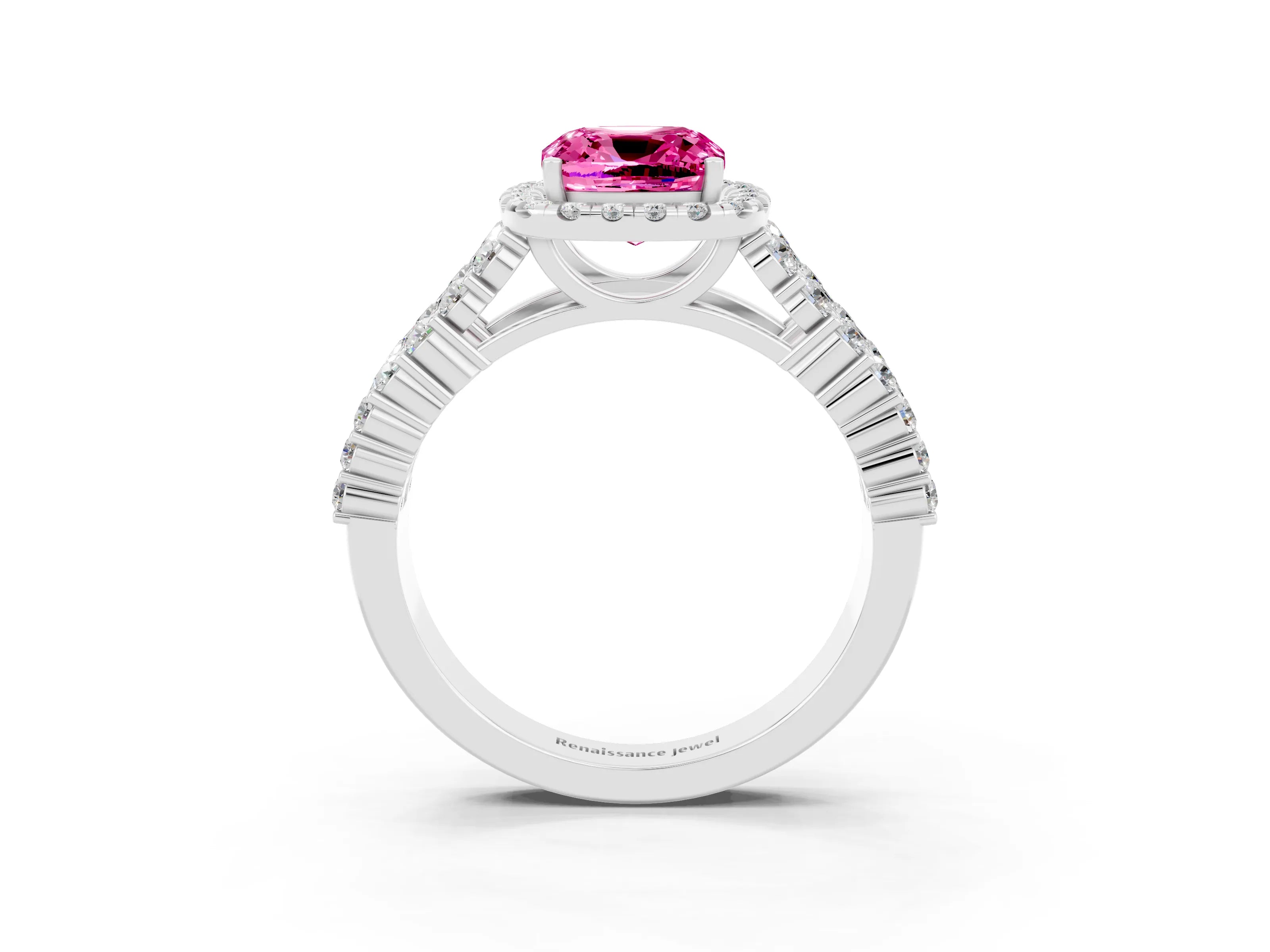 White gold Cushion Cut Halo Pavé Diamond Engagement Ring with Split Shank and Four-Prong Setting_3