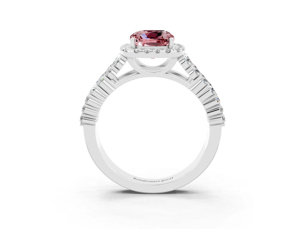 White gold Cushion Cut Halo Pavé Diamond Engagement Ring with Split Shank and Four-Prong Setting