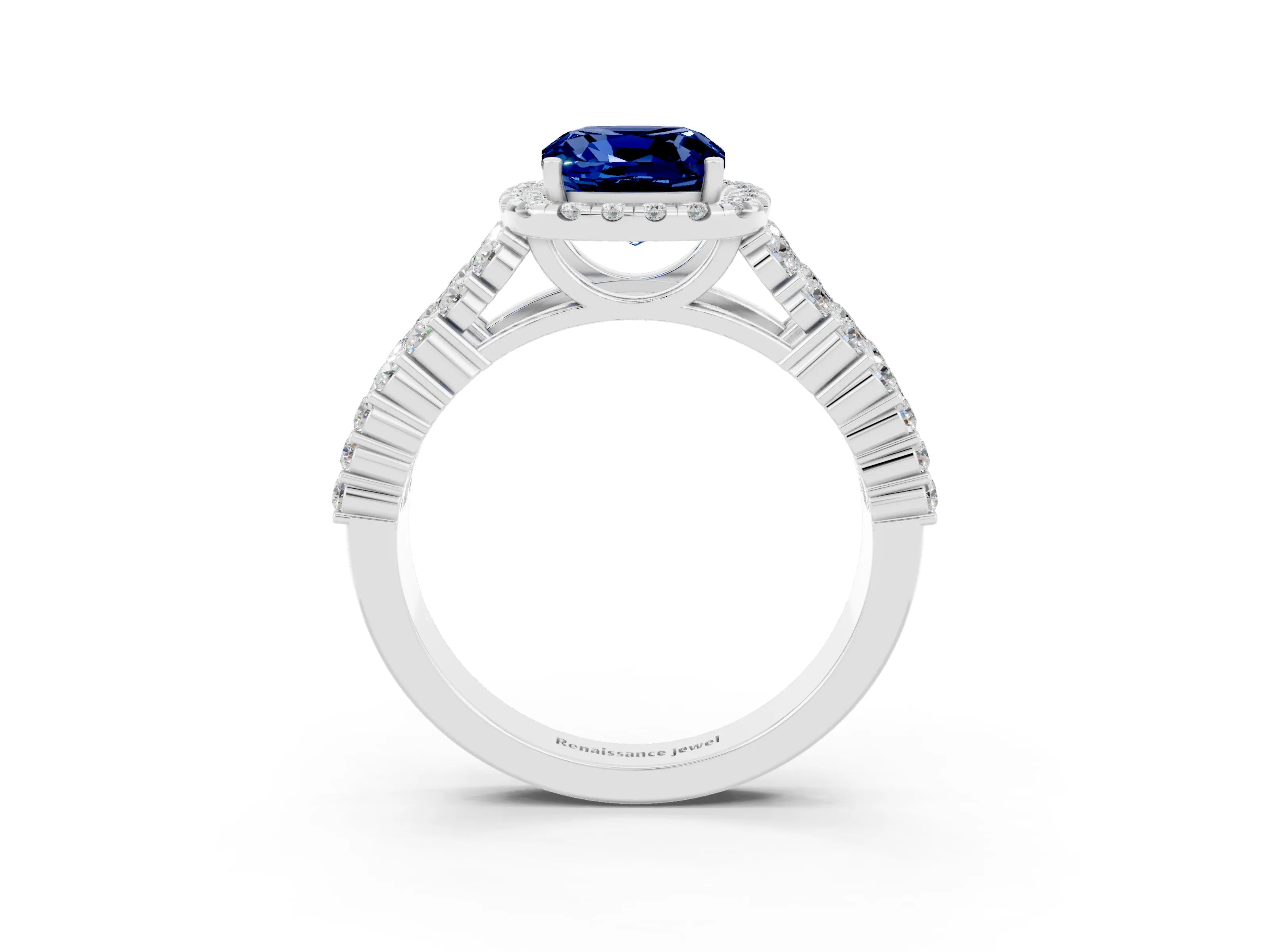White gold Cushion Cut Halo Pavé Diamond Engagement Ring with Split Shank and Four-Prong Setting_3
