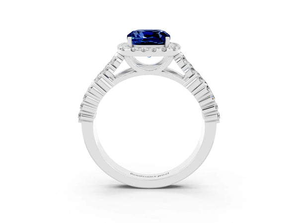 White gold Cushion Cut Blue Sapphire Halo Engagement Ring with Triple Row Round Pavé Band and Prong Setting