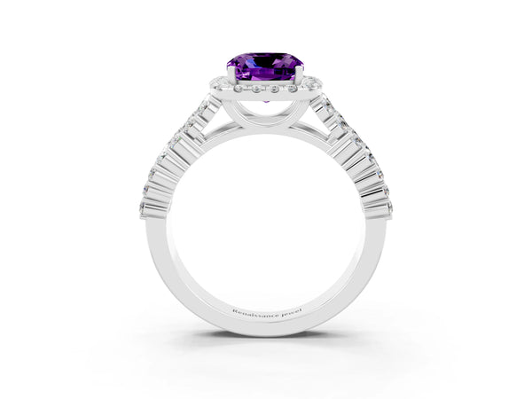 White gold Cushion Cut Amethyst Halo Engagement Ring with Triple Row Round Pavé Band and Prong Setting