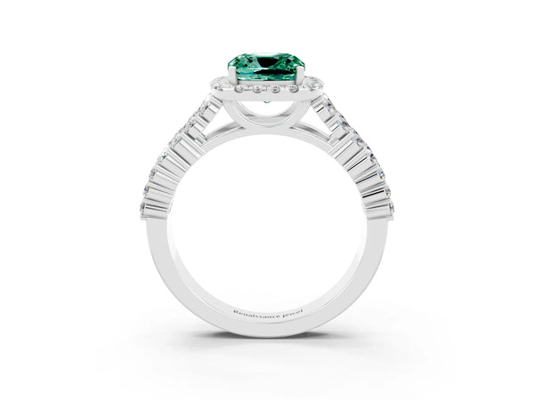 Silver Cushion Cut Green Sapphire Halo Engagement Ring with Triple Row Round Pavé Band and Prong Setting