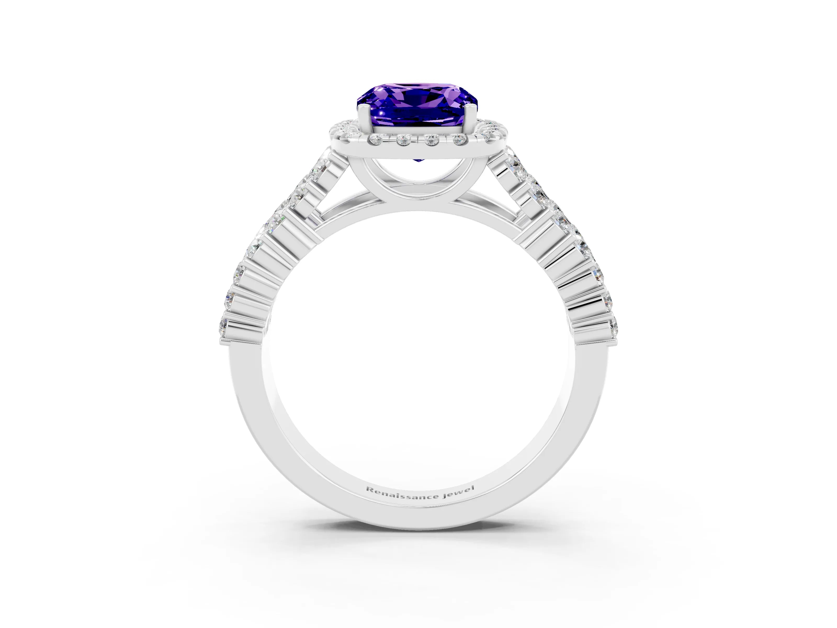 White gold Cushion Cut Halo Pavé Diamond Engagement Ring with Split Shank and Four-Prong Setting_3
