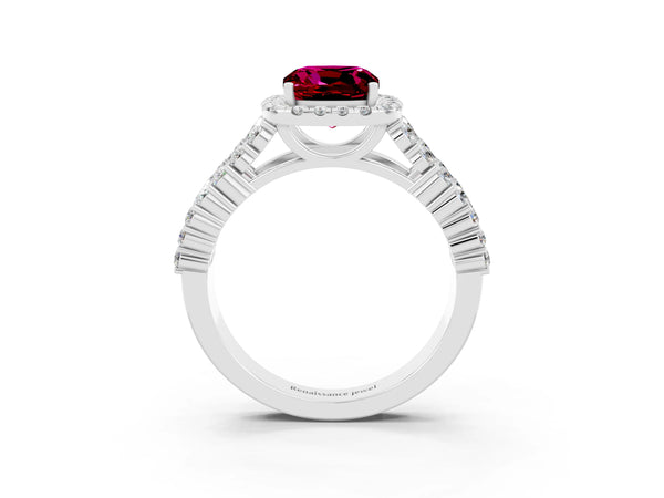 Platinum Cushion Cut Garnet Halo Engagement Ring with Triple Row Round Pavé Band and Prong Setting